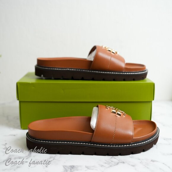 NIB Tory Burch Everly Anatomic Lug Nappa Leather Slide Sandal in Bourbon/Coconut - Picture 3 of 11